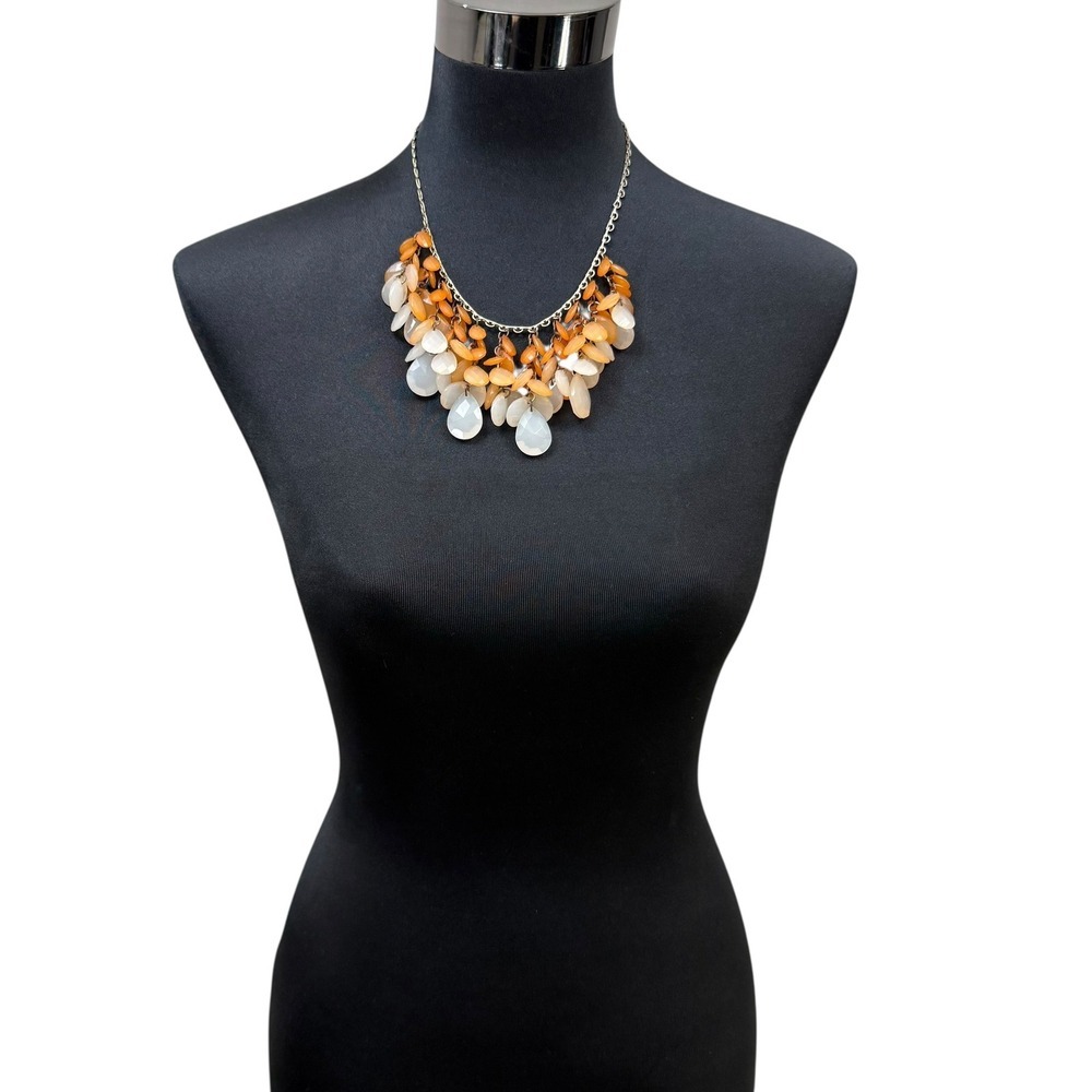 Orange White Cluster Acrylic Beaded Statement Necklace Dangle Bib Jewelry 10 in